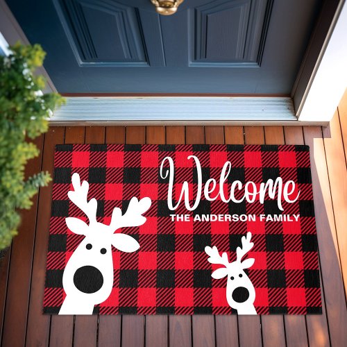 Personalized Family Name Reindeer Plaid Door Outdoor Rug