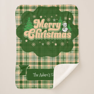 Personalized Family Name Retro Christmas Plaid Sherpa Blanket