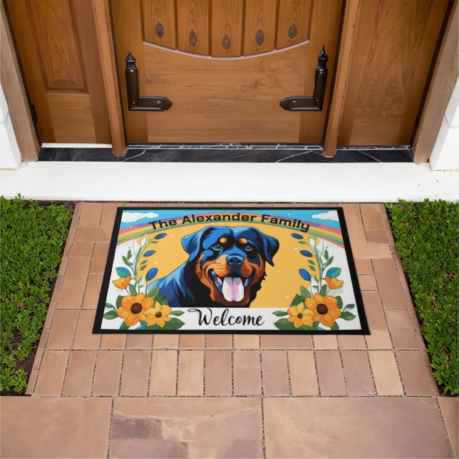 Personalized Family Name Rottweiler Dog Welcome Doormat (Outdoor)
