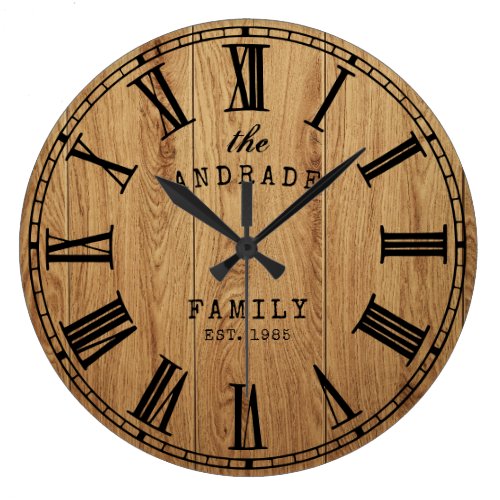 Personalized Family Name Rustic Farmhouse Wooden Large Clock