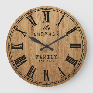 Personalized Family Name Rustic Farmhouse Wooden Large Clock