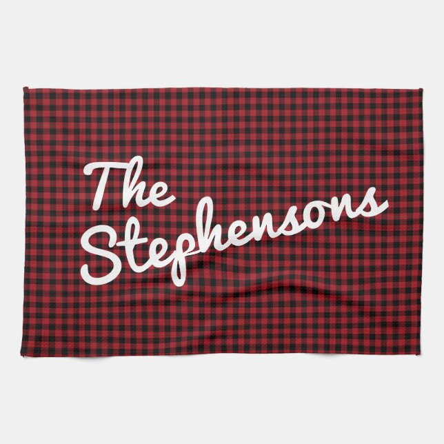 Personalized Family Name Rustic Red Black Plaid Kitchen Towel (Horizontal)