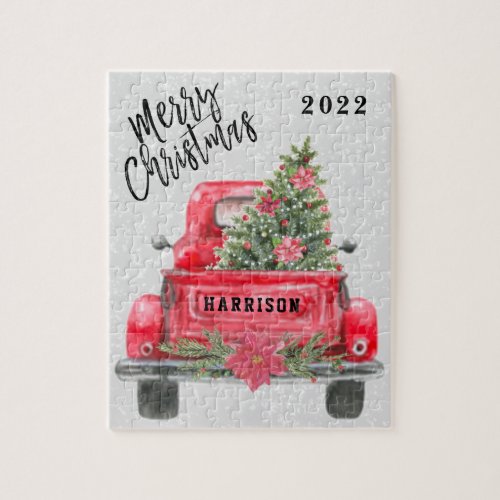 Personalized Family Name Rustic Red Truck Holiday  Jigsaw Puzzle