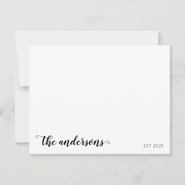 Personalized Family Name Script Est Newlyweds Note Card (Front)