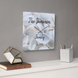 Personalized Family Name Sea Shell    Square Wall Clock