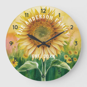 Personalized Family Name Sunflower Watercolor Large Clock