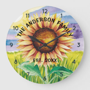 Personalized Family Name Sunflower Watercolor Large Clock