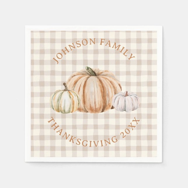 Personalized Family Name Thankful Neutral Gingham Napkins (Front)