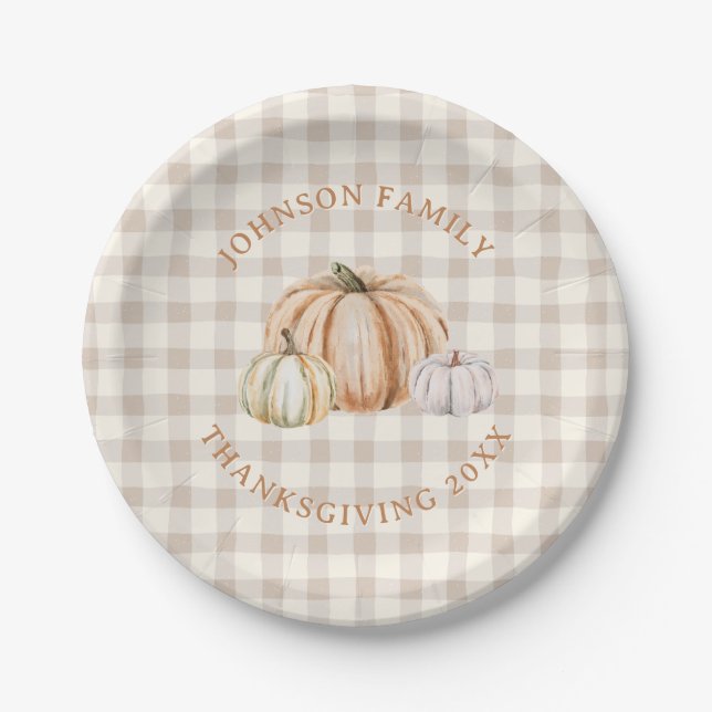 Personalized Family Name Thankful Neutral Gingham Paper Plates (Front)