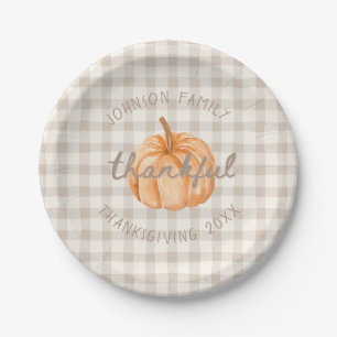 Personalized Family Name Thankful Neutral Gingham Paper Plates