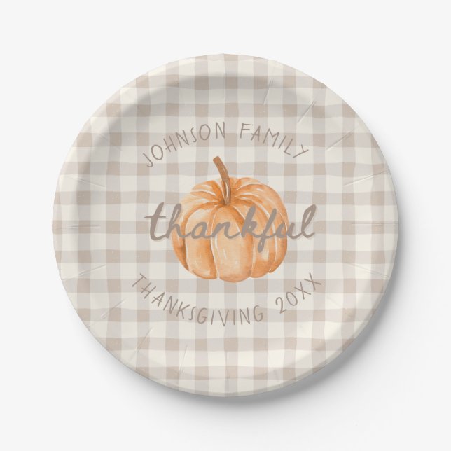 Personalized Family Name Thankful Neutral Gingham  Paper Plates (Front)