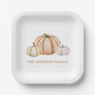 Personalized Family Name Thankful Neutral Pumpkin Paper Plates