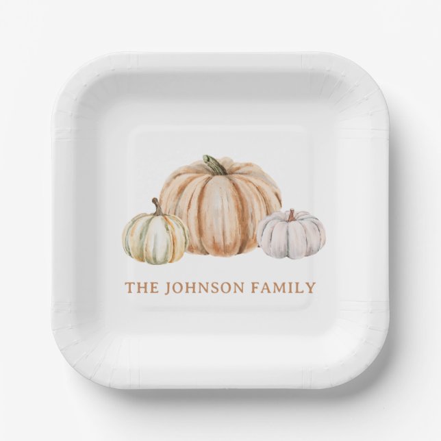 Personalized Family Name Thankful Neutral Pumpkin Paper Plates (Front)
