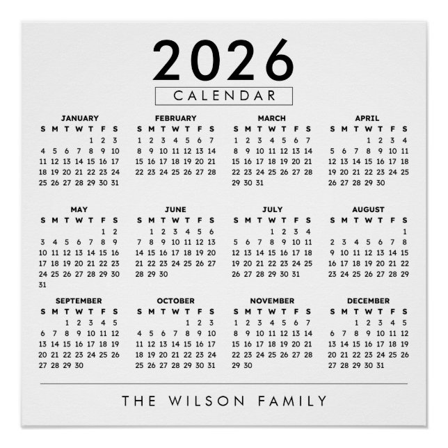 Personalized Family Name Wall Calendar 2026 Poster (Front)