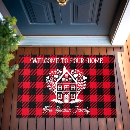 Personalized Family Name Welcome Home Plaid Door Outdoor Rug