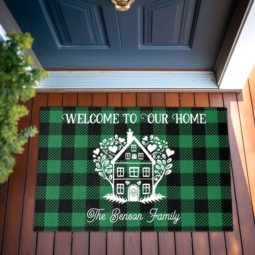 Personalized Family Name Welcome Home Plaid Door Outdoor Rug