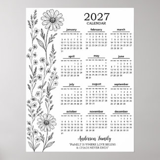 Personalized Family Name Wild Flower 2027 Calendar Poster