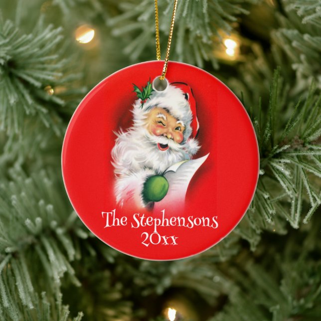 Personalized Family Name Winking Santa Christmas Ceramic Ornament (Tree)