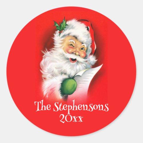 Personalized Family Name Winking Santa Christmas Classic Round Sticker