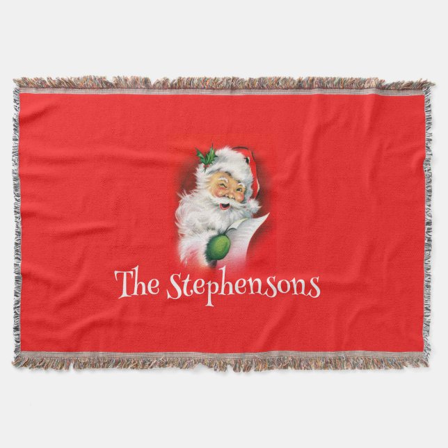 Personalized Family Name Winking Santa Christmas Throw Blanket (Front)