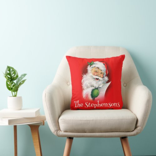 Personalized Family Name Winking Santa Christmas Throw Pillow