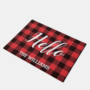 Personalized Family Name with Hello buffalo plaid Doormat
