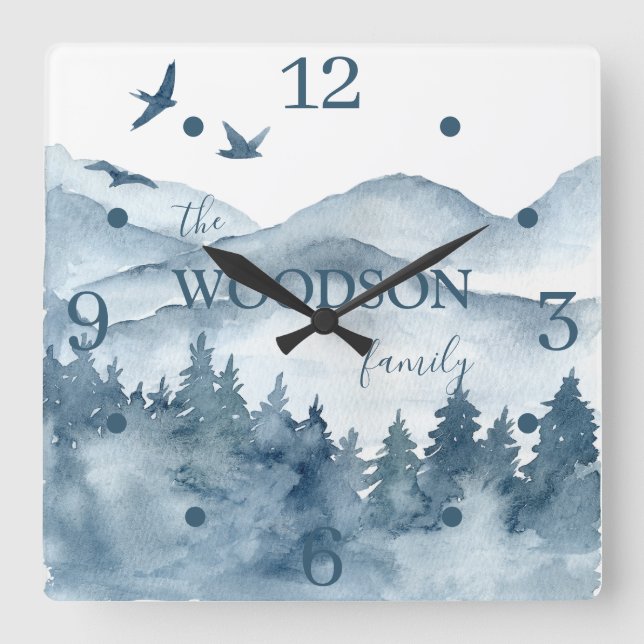Personalized Family Name Woodland Cabin Square Wall Clock (Front)