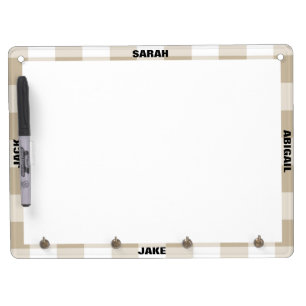 Personalized Family Names Beige Plaid Dry Erase Board With Keychain Holder