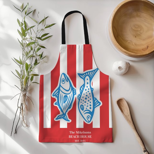 Personalized Family Nautical Red Sardine Stripes Apron (Creator Uploaded)