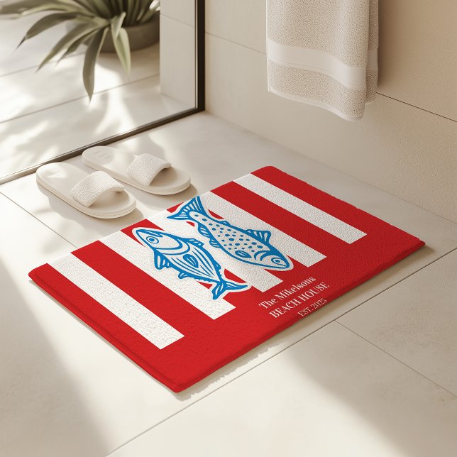 Personalized Family Nautical Red Sardine Stripes Bath Mat (Creator Uploaded)