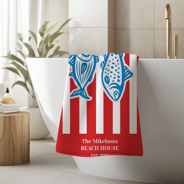 Personalized Family Nautical Red Sardine Stripes Bath Towel (Creator Uploaded)