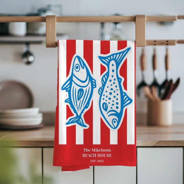 Personalized Family Nautical Red Sardine Stripes Kitchen Towel (Creator Uploaded)