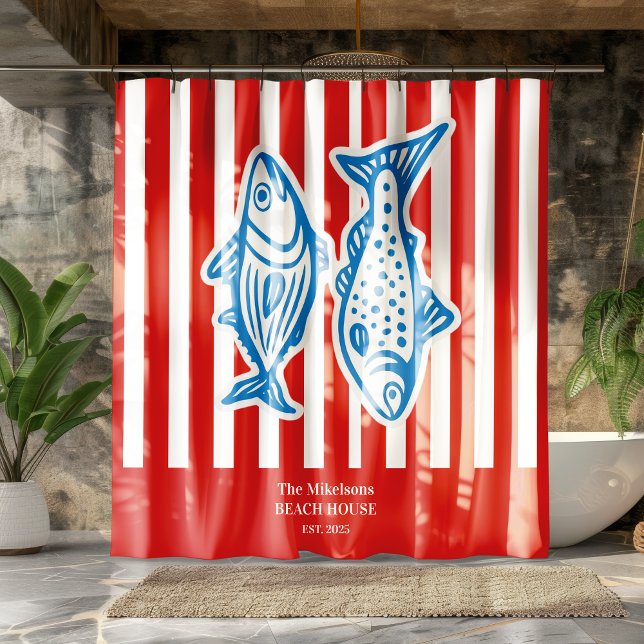 Personalized Family Nautical Red Sardine Stripes Shower Curtain (Creator Uploaded)