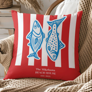 Personalized Family Nautical Red Sardine Stripes Throw Pillow