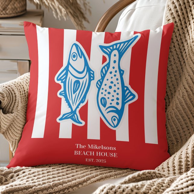 Personalized Family Nautical Red Sardine Stripes Throw Pillow (Creator Uploaded)