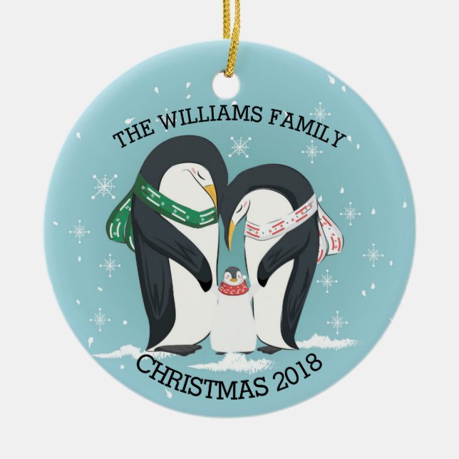 Personalized Family Of 3 Penguins Christmas Ceramic Ornament (Front)