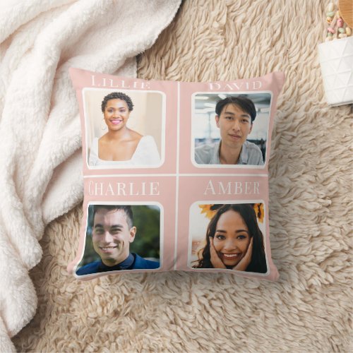 Personalized Family of 4 Collage Light Pink Throw Pillow