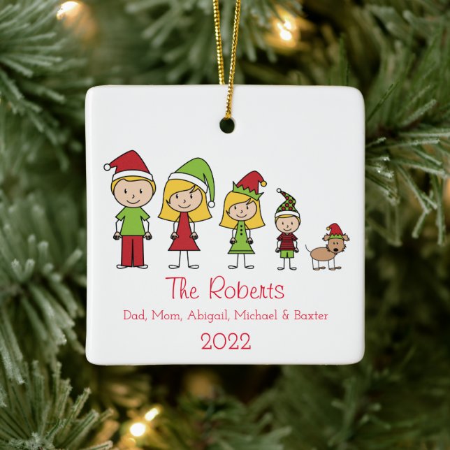 Personalized Family of 4 With Dog Christmas Ceramic Ornament (Tree)