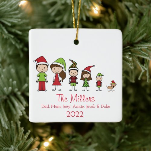 Personalized Family of 5 with Dog Christmas Ceramic Ornament