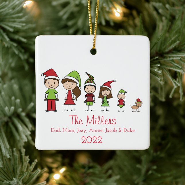 Personalized Family of 5 with Dog Christmas Ceramic Ornament (Tree)