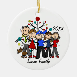 Personalized Family of Five With Brown Cat Ornamen Ceramic Ornament