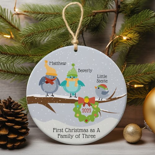 Personalized Family of Three First Christmas Photo Ceramic Ornament