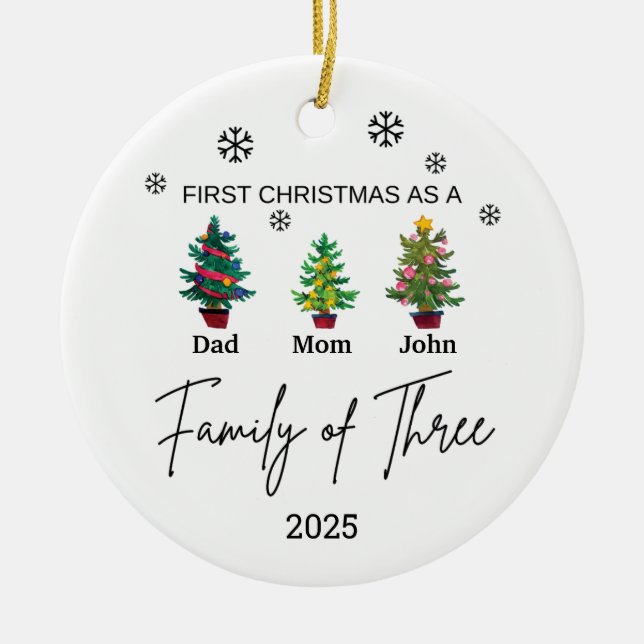 Personalized Family of Three Ornament, Family Gift Ceramic Ornament (Front)