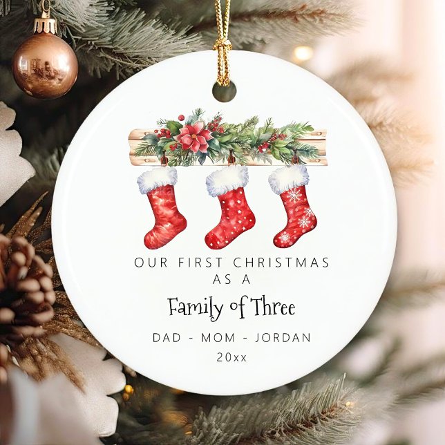 Personalized Family Of Three Stockings Christmas  Ceramic Ornament (Personalized Family Of Three Stockings Christmas Ceramic Ornament)
