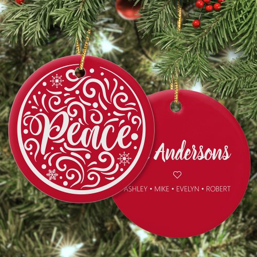 Personalized Family Peace Christmas Holiday Red Ceramic Ornament