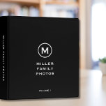 Personalized Family Photo Album Monogram Emblem<br><div class="desc">Preserve your family memories with this elegant personalized photo album binder. The design features a white monogram medallion with your family name and photos in classic typography. The lower thirds of the pages include volume numbers, and the spine can be customized with your own text. The solid black background creates...</div>