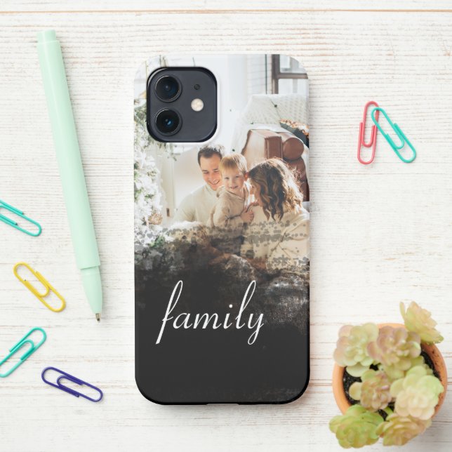 Personalized Family Photo Black Abstract iPhone Case (On Desk)