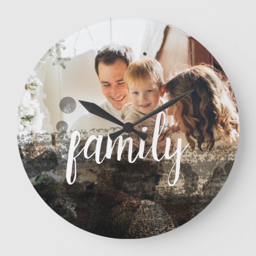 Personalized Family Photo Black Abstract Overlay Large Clock