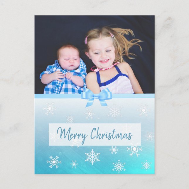 Personalized Family Photo Blue Snowflake Christmas Holiday Postcard (Front)