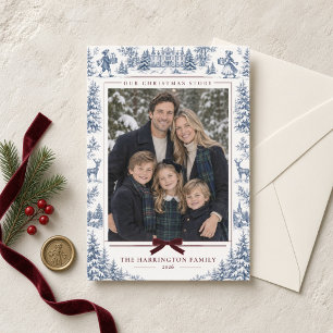 Personalized Family Photo Blue Winter Toile Holiday Card